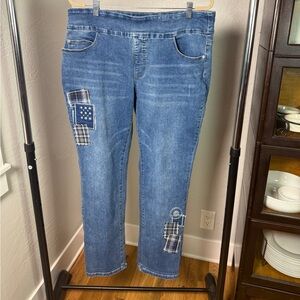 Coldwater Creek Patchwork Denim Jeans Size 16 Blue Stretch Straight Leg